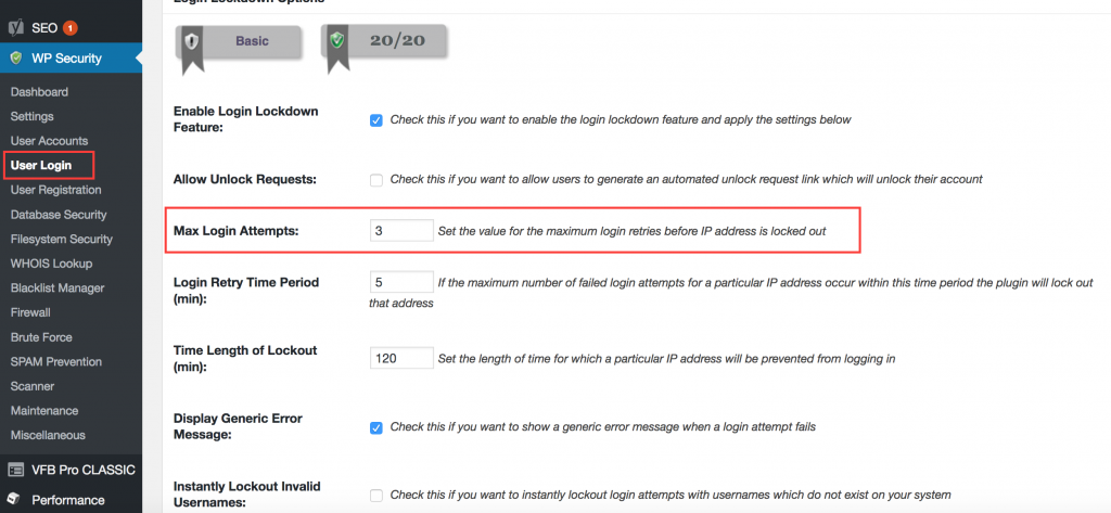 Limiteer loginpogingen in WordPress security pluging